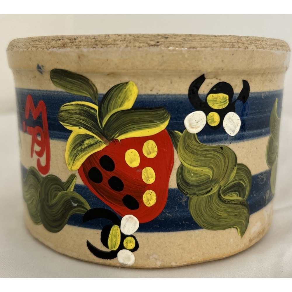 Vintage 1979 Hand Painted Folk Art Stoneware Crock Strawberry Bumblebee MJ 3in